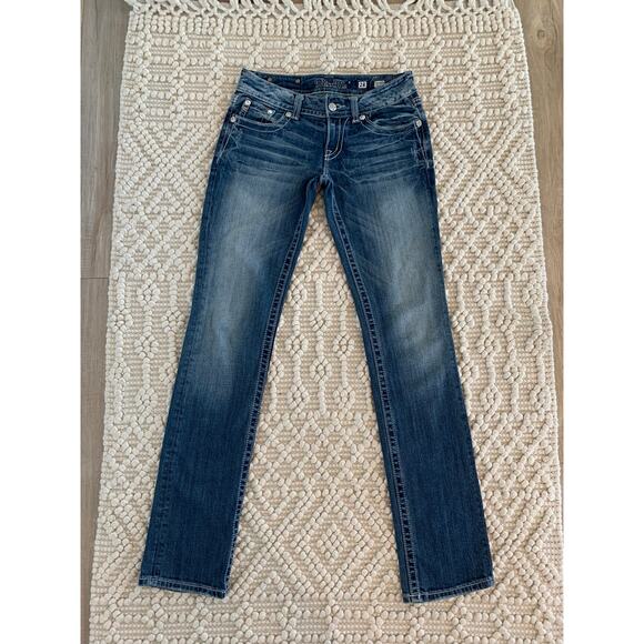 Miss Me Jeans Womens 28 Straight Fit Fleur De Lis Pocket Leather Jewels Y2K - Picture 1 of 13